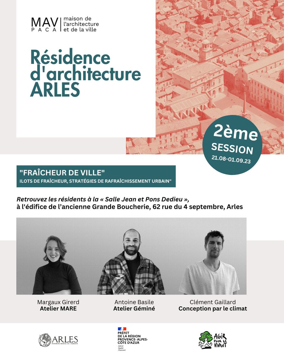 [RÉSIDENCE]
😀 Démarrage de la 2ème phase de la résidence d'architecture à Arles !

➡️ Suivez leurs travaux sur les RS #acclimatations 😉

–

<a href="/MAVPACA/">MAV PACA</a>
<a href="/VilleArles/">Ville d'Arles</a> 
<a href="/paleoenergie/">Paléo Energie</a> 
@veroniquemure 

+ d'info sur l'agenda de la #mavpaca : openagenda.com/maison-de-larc…