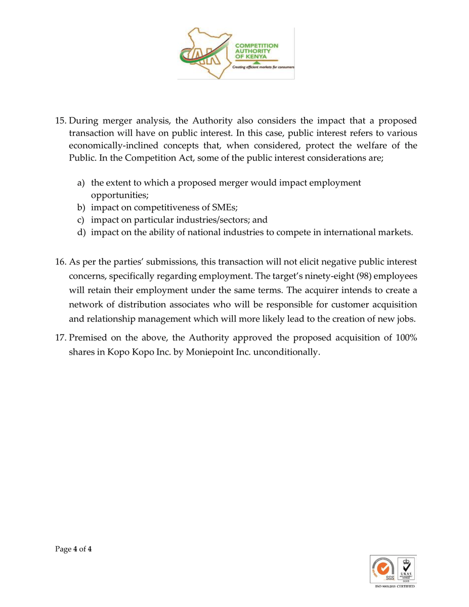 MwangoCapital's tweet photo. The Competition Authority of Kenya [@CAK_Kenya] has approved the proposed acquisition of 100% shares in Kopo Kopo Inc. by Moniepoint Inc. unconditionally.

Kopo Kopo's 98 employees will retain their employment under the same terms. https://t.co/Hs9jIqDNdV