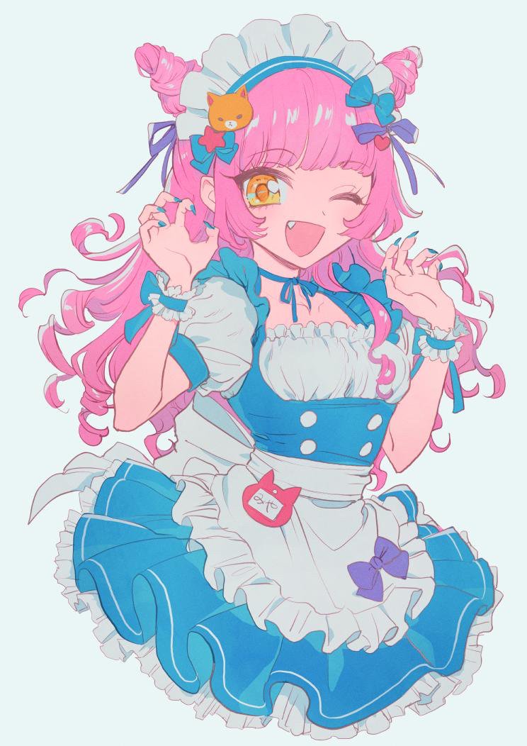 1girl pink hair solo maid headdress one eye closed fang smile  illustration images