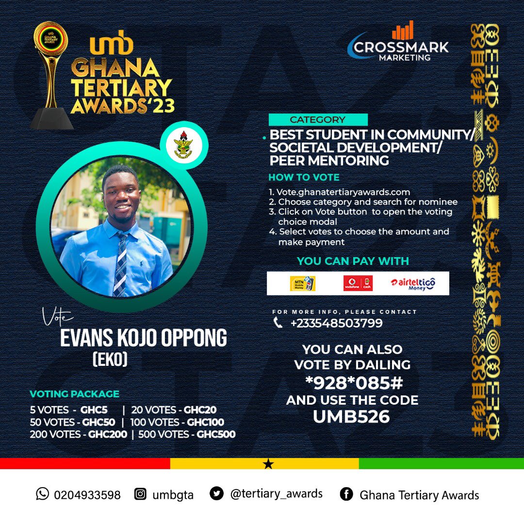 KOJOOPPONG20's tweet photo. By the grace of God, I have been nominated by the Ghana Tertiary Awards for Best Student in Community Development/Societal Development or Peer Mentoring. Kindly follow the steps on the flyer to vote. 
Thank you and God bless you as you vote for me💙🙏#UMB #GTA https://t.co/9YH5uQew1W