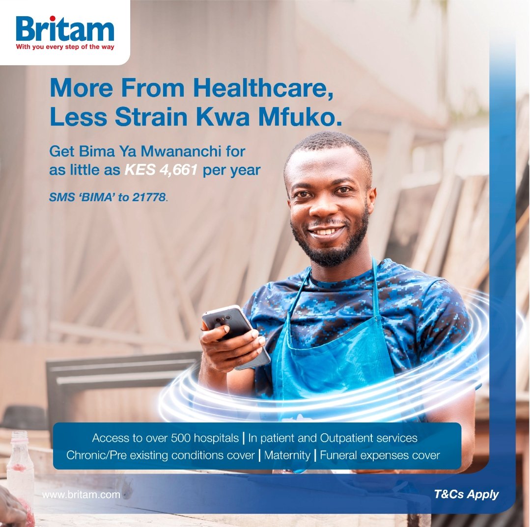 Thanks for your interest. Sign up today by visiting our website, bit.ly/3OcYqsG,or SMS ‘BIMA’ to 21778.

T&Cs apply* 

#BritamCares #MoreForLess #BimaYaMwananchi