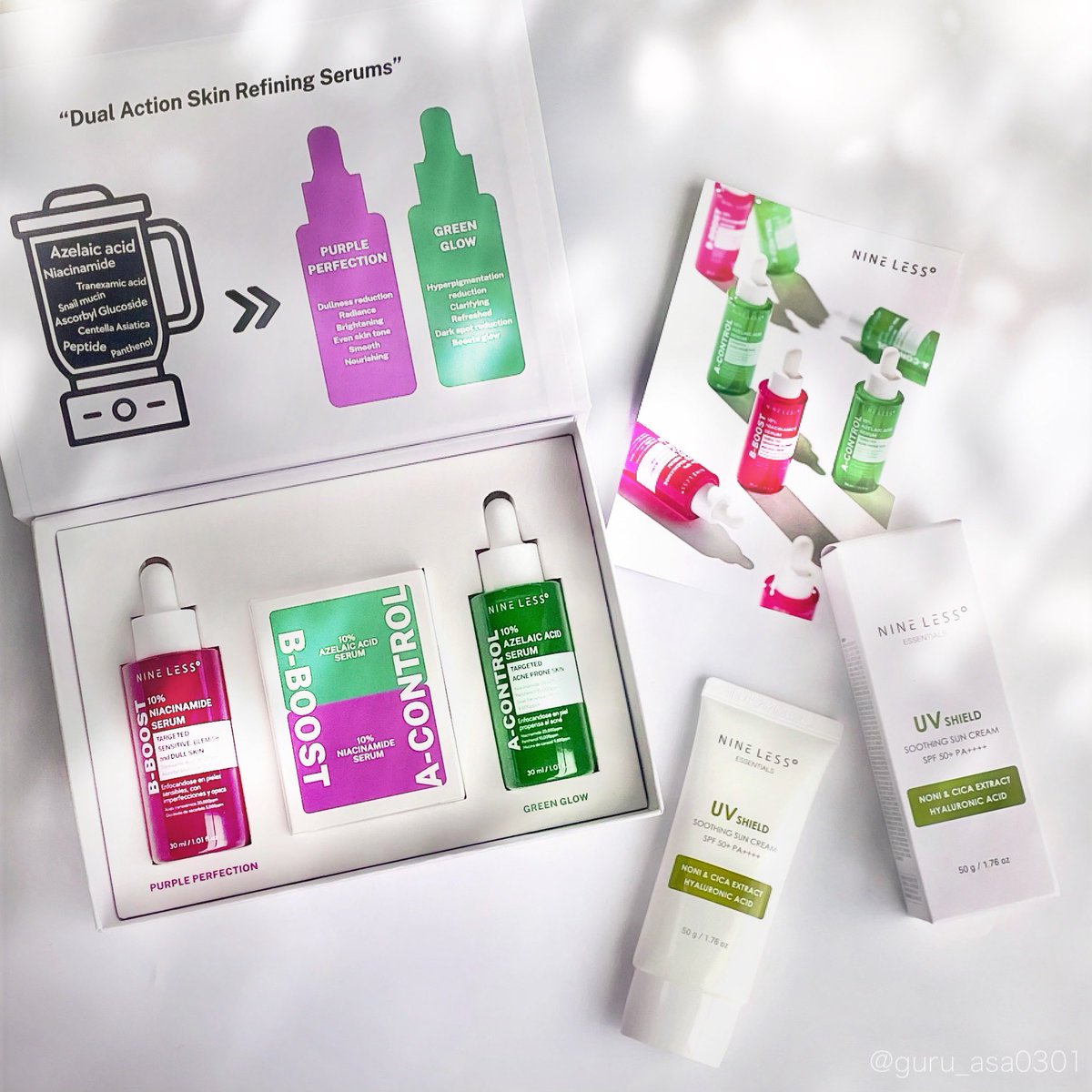 umi_sasuke's tweet photo. スタコリマニアとして、ナインレスの3つのアイテムをお試し🌟
#提供 @stylekoreanjp 様
NINELESS
💚A-Control 10%アゼライックアシッドセラム
💜B-Boost10% ナイアシンアミドセラム
💛エッセンシャルズUVシールドスージングサンクリーム
↓続
#スタコリレビュー
#スタコリマニア
#NINELESS https://t.co/jHxehUVid3