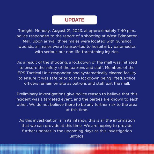 AZ_Intel_'s tweet photo. Edmonton Police has sent a press release regarding a shooting at Canada’s West Edmonton Mall. https://t.co/YTZ9RST83v