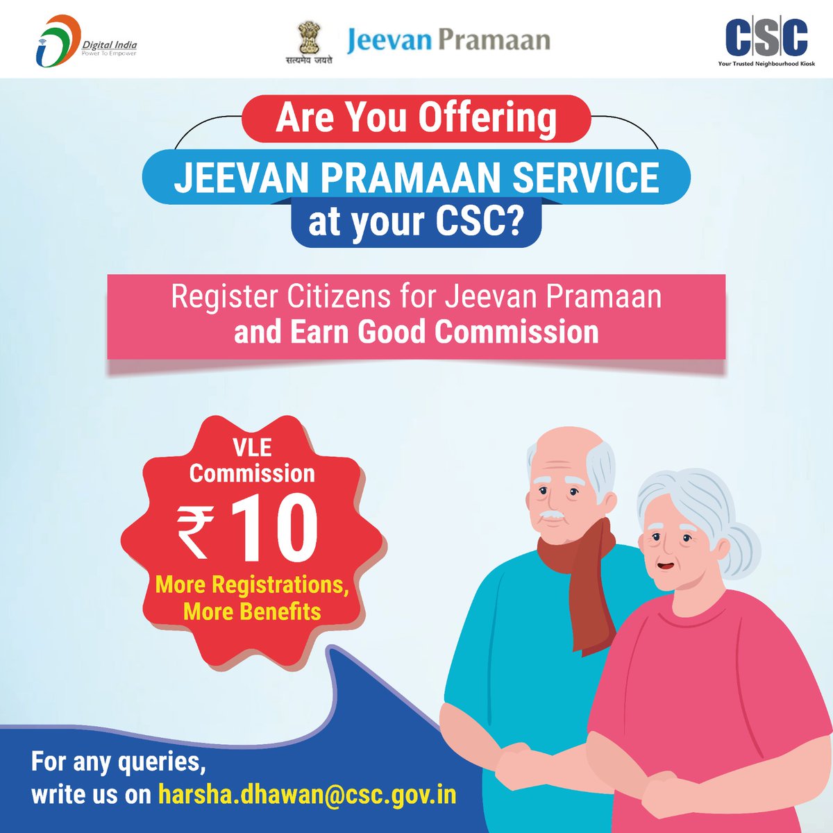 CSCegov_'s tweet photo. ARE YOU OFFERING JEEVAN PRAMAAN SERVICE AT YOUR #CSC?

Register citizens for Jeevan Pramaan and earn Rs. 10/registration.

More registrations, more benefits...

For any queries, write us on harsha.dhawan@csc.gov.in

#JeevanPramaan #LifeCertificate #DigitalLifeCertificate https://t.co/oReLBApV5X