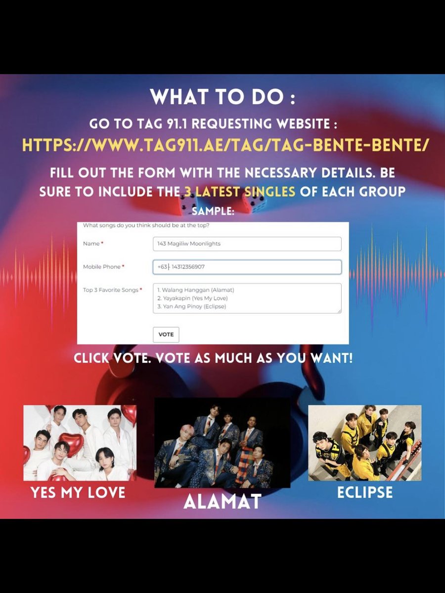 moon7ightsofc's tweet photo. [ 📻 ] Eyes here, Moonlights &amp; PpopStans! 

Let's request this 3 Favorite Songs on @tag911ae

1. Yan Ang Pinoy (Eclipse)
2. Walang Hanggan (Alamat)
3. Yayakapin (Yes My Love)

Instructions below: ⬇️

YAPWalangHangganYakap
#AlamatxYMLxEclipse
#PPOPBayanihan
#EclipsePH https://t.co/r6Lu2iqyps