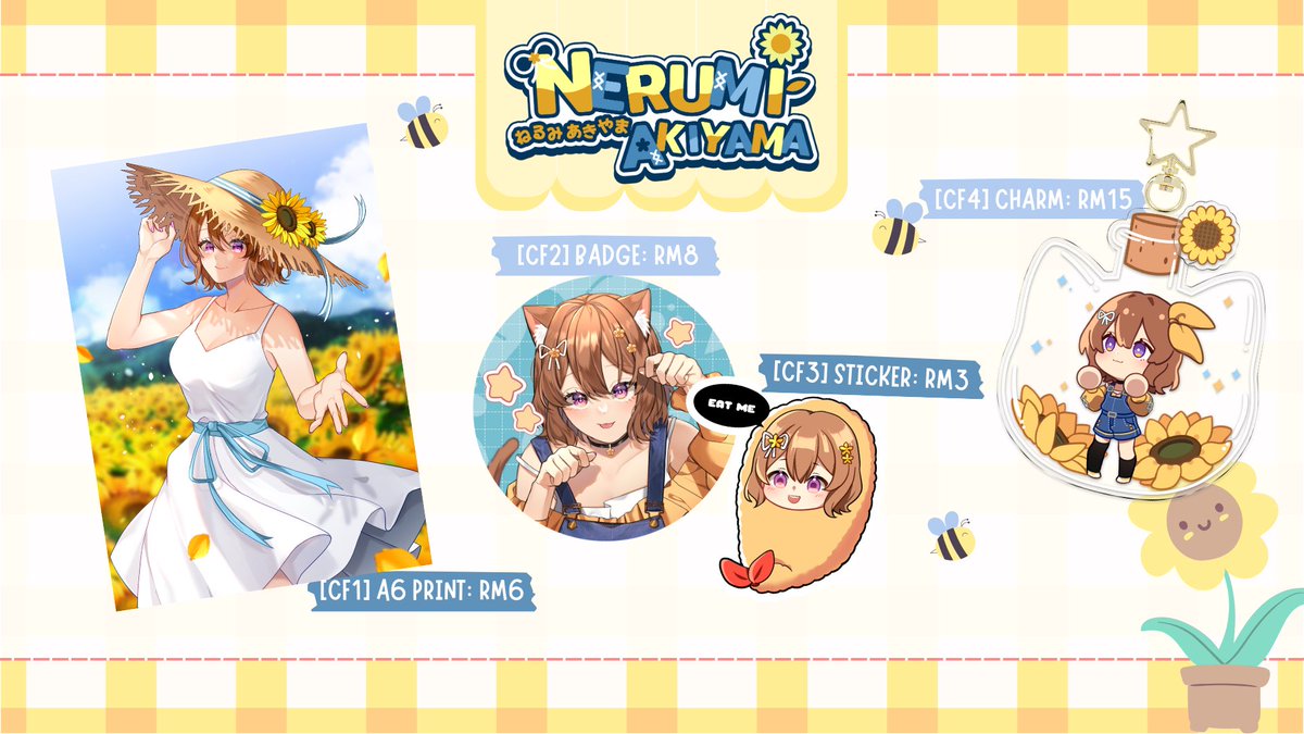 🌻VTUBER SPOTLIGHT MERCH🌻

As some of you know, i’ll be featured at #Animangaki2023 Vtuber Spotlight!! If you’re going, make sure to check the Vtuber Alley at level 2. 

Take pics with my standee and maybe *cough* buy my merch *cough* 😳??
