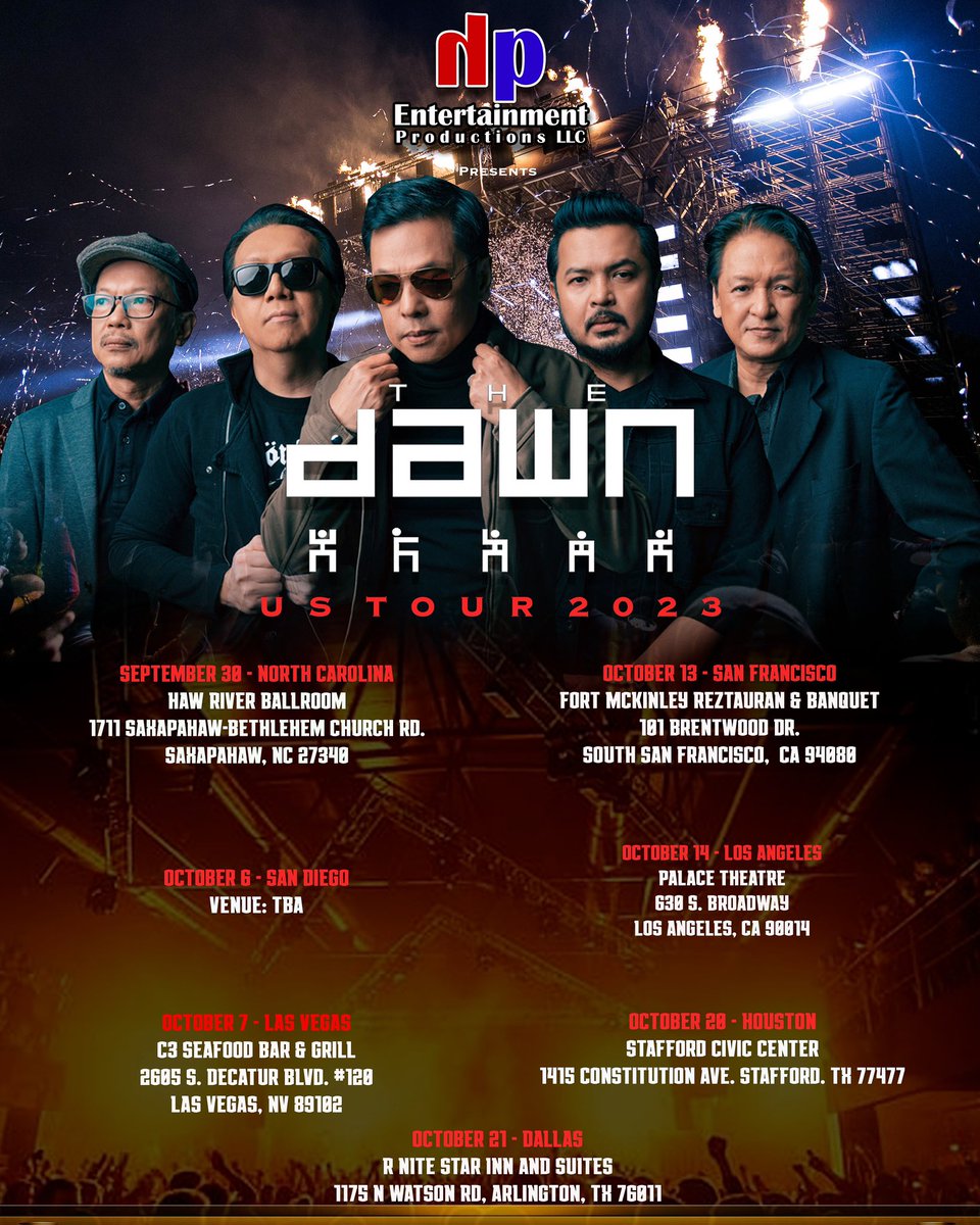 We’ve got an additional US show! 

SEPTEMBER 30 NORTH CAROLINA
Venue: Haw River Ballroom
For Tickets &amp;Sponsorship: Chel 919.407.2662 / Mario 910.728.9891 / Apple 929.327.3121 / Randy 919.594.0833 / Hermie 832.878.5881 

#thedawnphUStour2023 #concerttour #thedawnph