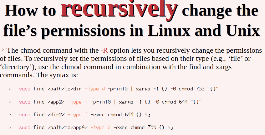 nixcraft's tweet photo. How to recursively change the file’s permissions in Linux or Unix-like system https://t.co/ujMaB8sk5h https://t.co/sfNsi0DNai