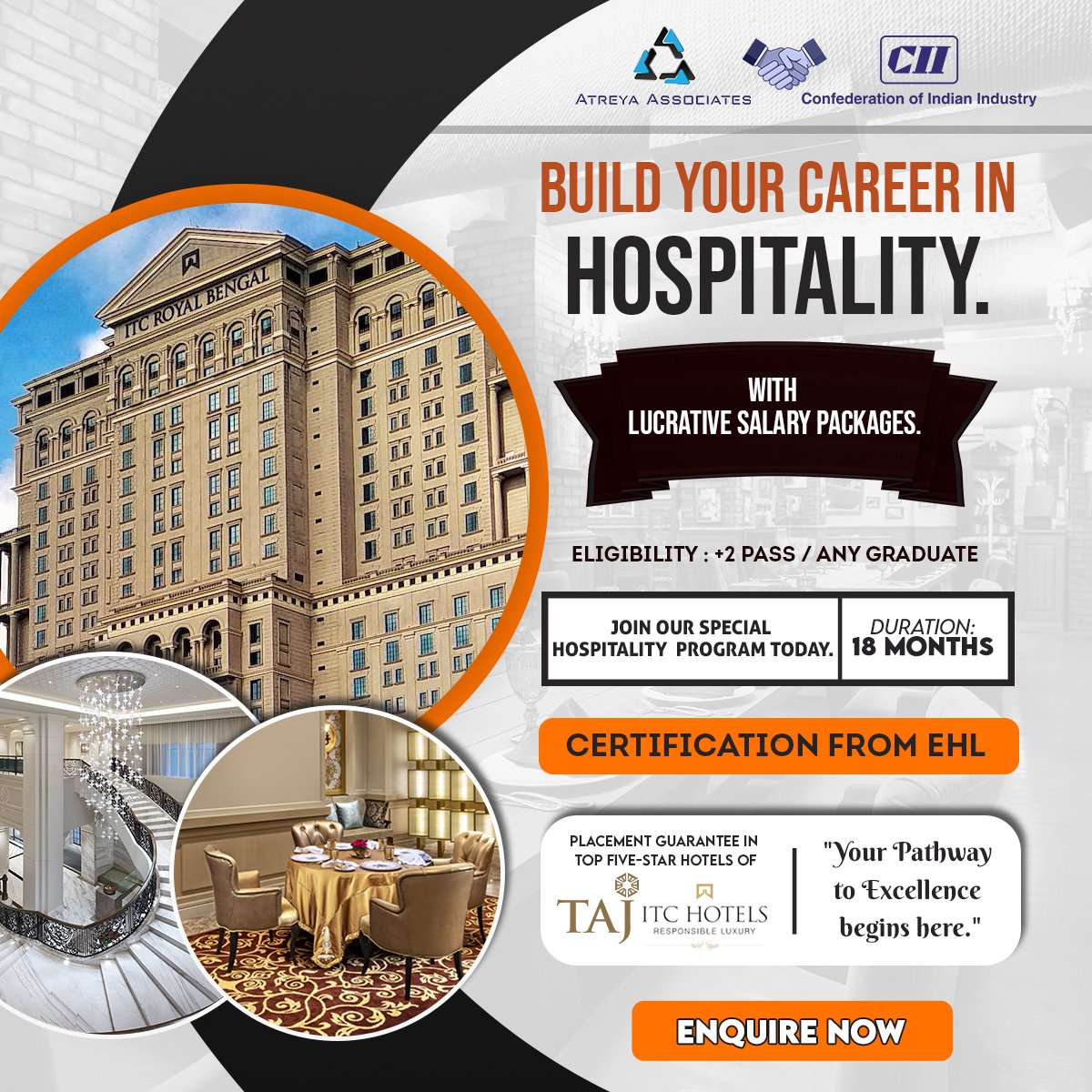 atreyaone's tweet photo. Ready for a thrilling career in hospitality?  Atreya Associates is your gateway!  Partnered with CII, we bring you incredible opportunities in top 5-star hotels like TAJ and ITC.  Get certified by EHL, enjoy attractive salaries, and shine bright in an 18-month journey.
 #Atreya https://t.co/y02wuRAD5h