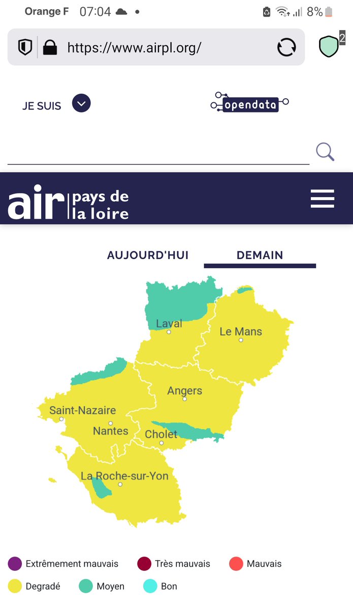 #Angers @airpl_org qualité de lair dégradée demain + departement placé en vigilance jaune canicule 33 aujourdhui 35 annoncé demain...meteoconsult.fr/previsions-met…