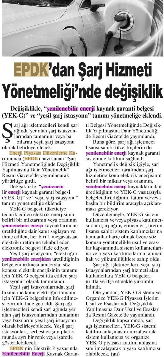 EnerjiCalisani's tweet photo. Epdk'dan Şarj Hizmeti Yönetmeliği'nde Değişiklik
(22 Ağustos 2023 - Hürses Gazetesi) https://t.co/PEPadWiOxZ