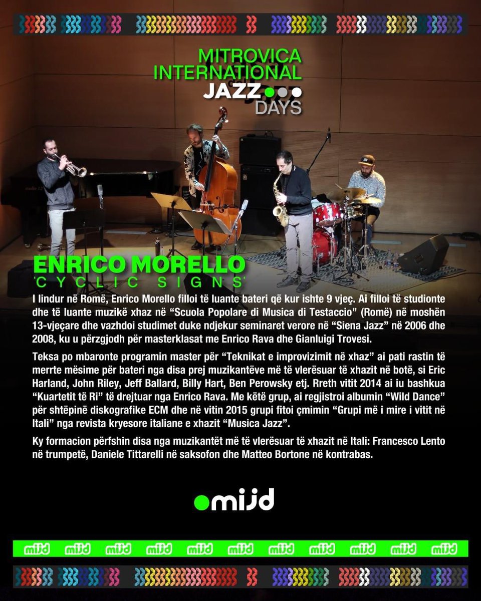ItalyinKosovo's tweet photo. Happy to support #Mitrovica International #Jazz Days (28/8 - 2/9) in partnership with @IICTirana. On 29/8, h. 19.30, Isa Boletini Square, don’t miss the 🇮🇹 drummer #EnricoMorello and his “Cyclic Signs” #MIJD #Kosovo #Italy https://t.co/J8k768Lu6d