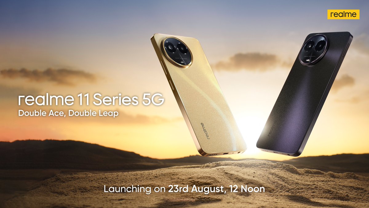 realmeIndia's tweet photo. This is your chance to #DoubleAceDoubleLeap with the designs and details of #realme11series5G!💯

Stay tuned for the launch! 
🗓️ August 23, 12 Noon. 

 #realme5thAnniversary

Join the live stream here: https://t.co/GRsSsjObGu https://t.co/D1zlOXEws3