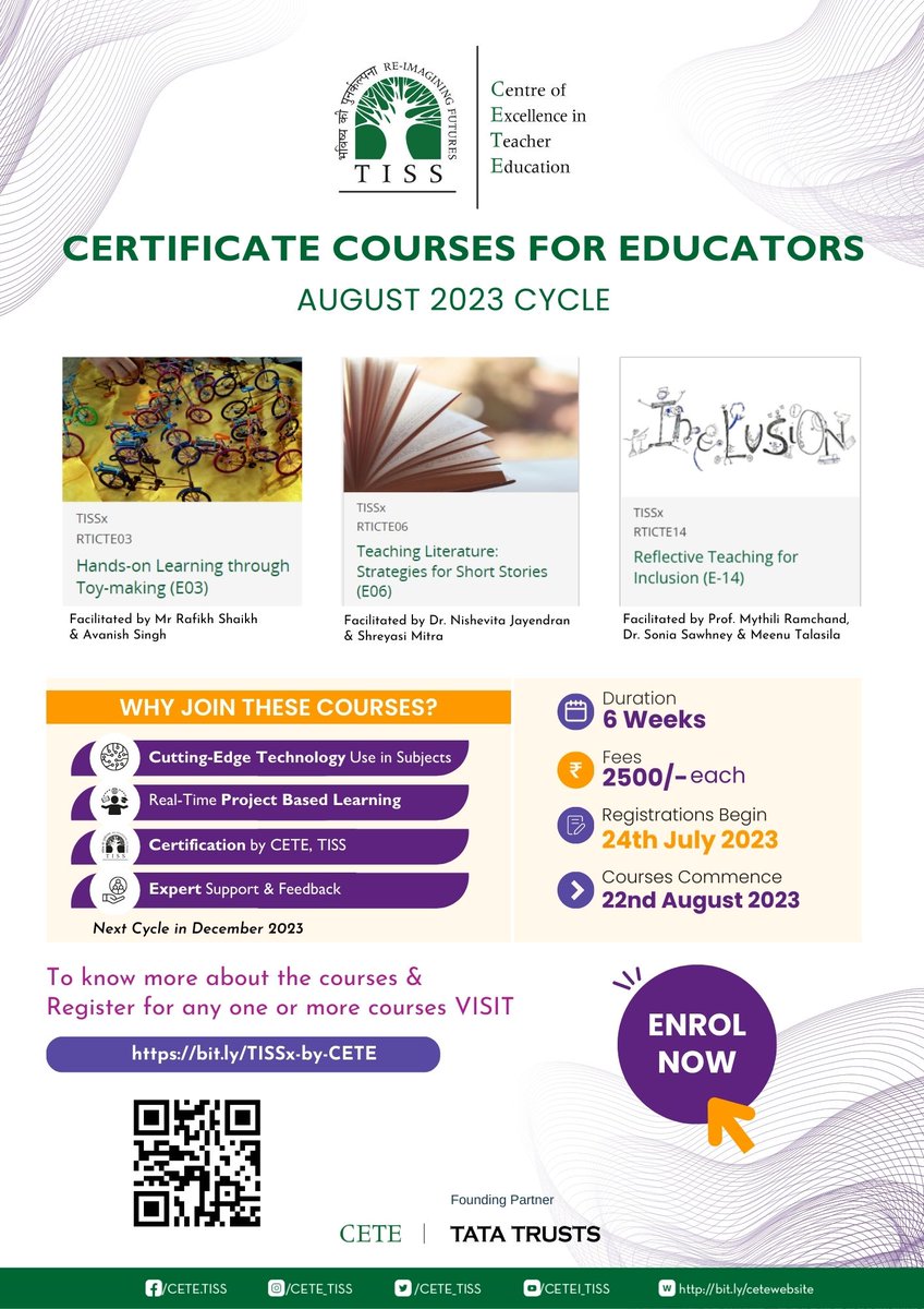 cete_tiss's tweet photo. The deadline for enrolment for 3 online certificate courses for educators has been extended.
To know more and enrol, visit: https://t.co/2uWaiJcfKJ
(link in bio)

Courses start on: 31 Aug, 2023

In case of queries, mail us at cete.stp@tiss.edu
#onlinecourses #TISS https://t.co/kAmj4Xhuhx