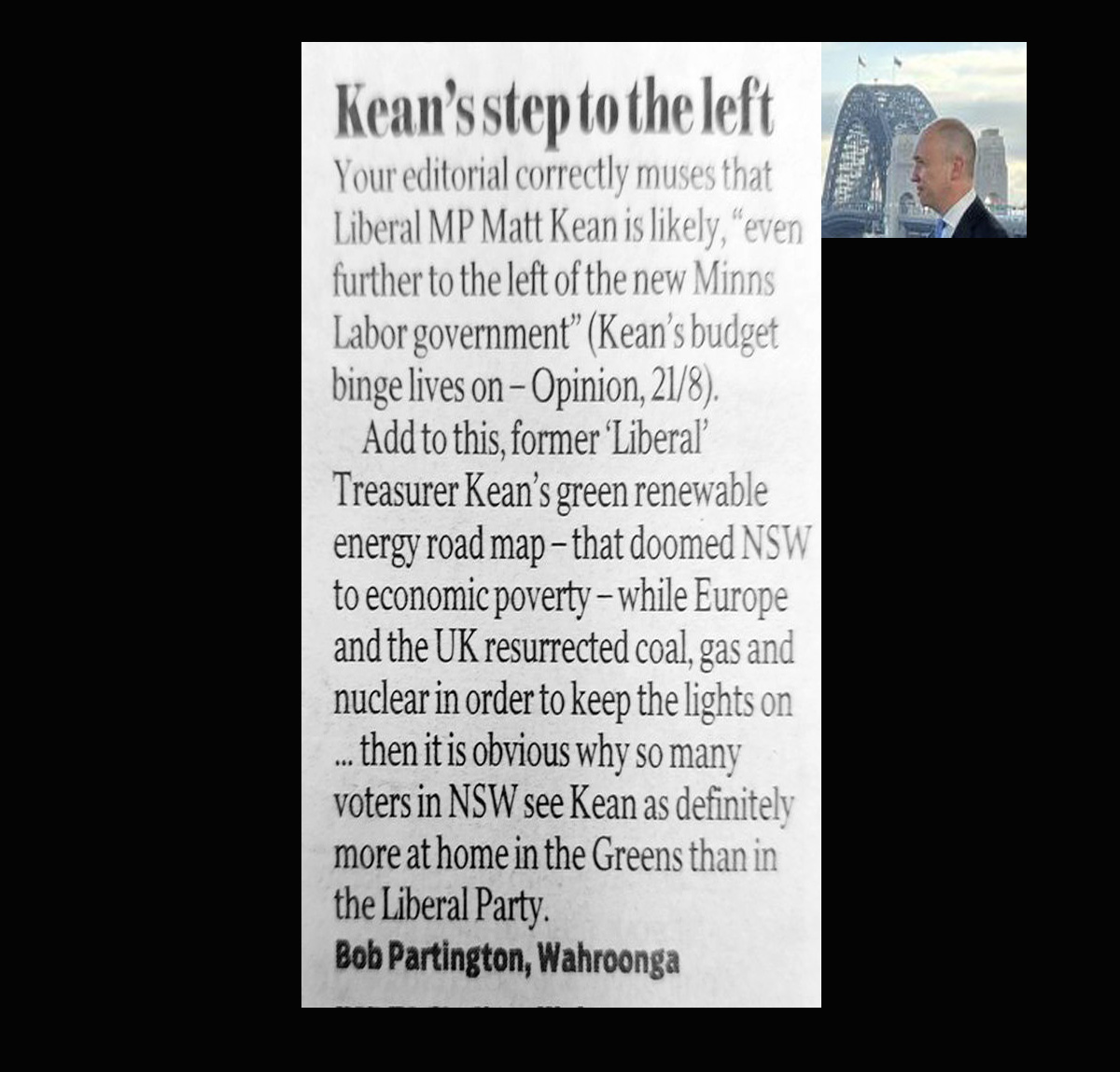 TimjboAU's tweet photo. Another great letter in the #DailyTelegraph by @bob_parto 👇
Matt Kean's energy policies played a big role in why the Liberals were voted out, just look at your power bill..
So what did @LiberalNSW do? They installed the #Photios #GreenLeft Mark Speakman as leader.
doh. #NSWpol https://t.co/jhFeiF0F3Q