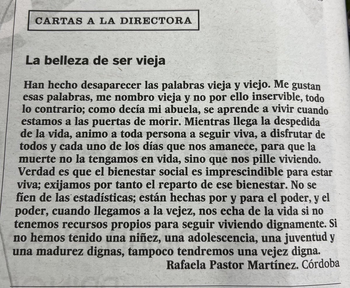 jl_sastre's tweet photo. “Si no hemos tenido unas niñez, adolescencia, juventud y madurez dignas tampoco tendremos una vejez digna”

Hoy, en las cartas a la directora de El País 👇🏽 https://t.co/eoI8YZ2mBd