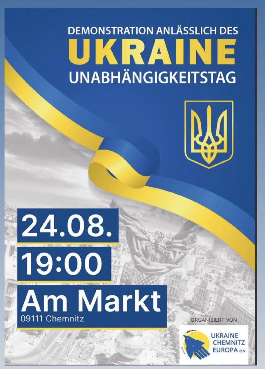 UA_Demos_DACH's tweet photo. CHEMNITZ 24.8.23
kundgebung um 19 Uhr am Markt
#IndependenceInMyHeart #ProUkraineDemo #StandWithUkraine
https://t.co/vofkERIgND https://t.co/pTfDQYx71k