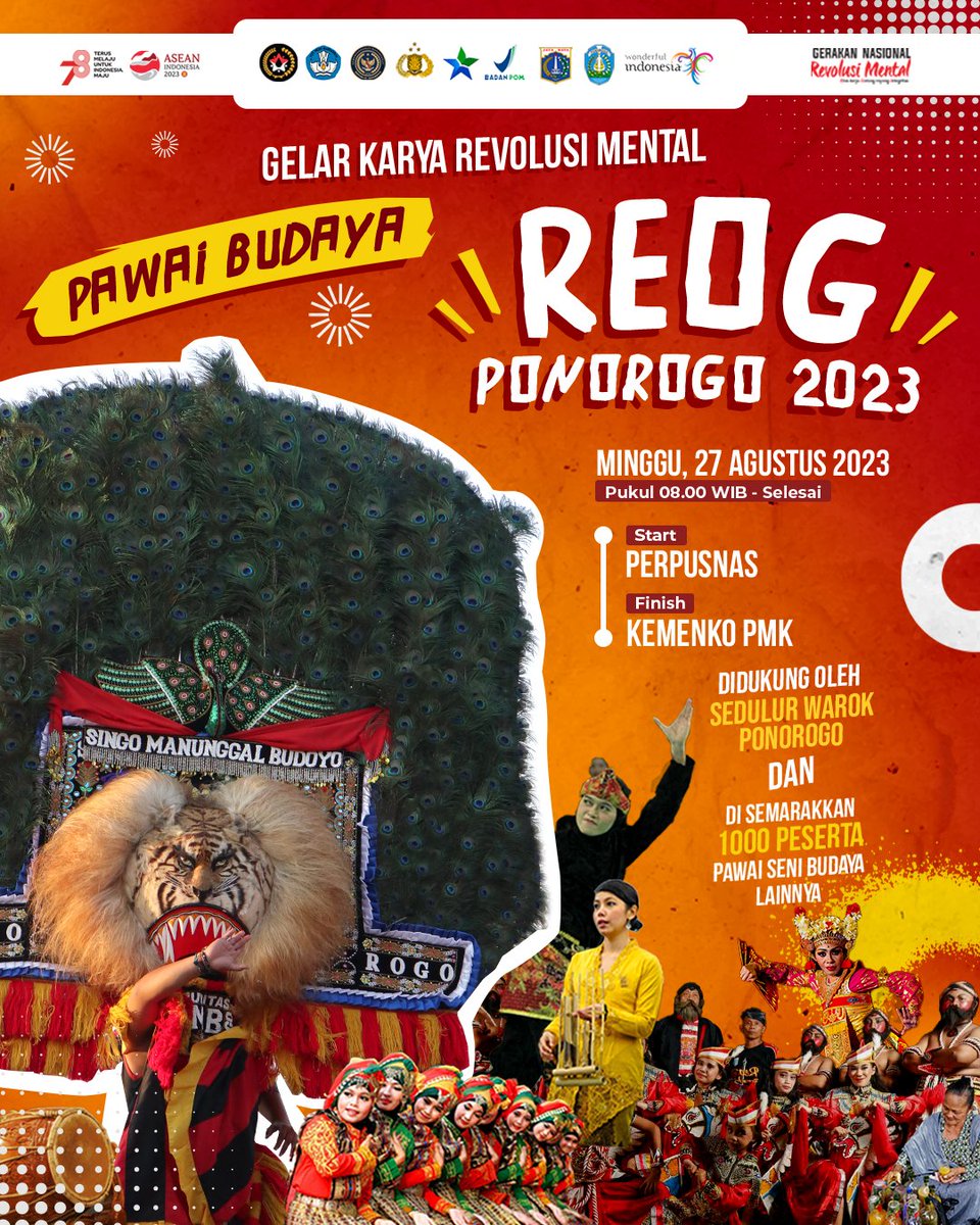 perpusnas1's tweet photo. #SahabatPerpusnas
Pawai Budaya Reog Ponorogo 2023 dalam rangkaian Gelar Karya Revolusi Mental. Disemarakkan 1000 peserta pawai yang sebagian memakai kebaya nasional Indonesia serta penampilan seni budaya lainnya.

📅Minggu, 27 Agustus 2023
🕘08.00

#PawaiBudayaReogPonorogo2023 https://t.co/tY7powToGY