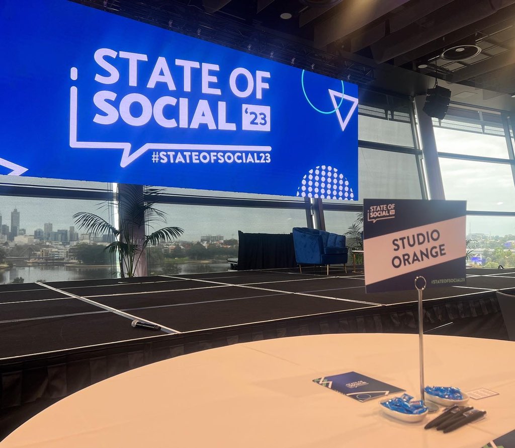 StudioOrangeAU's tweet photo. It's officially Day 1 of The @state_of_social Conference 2023 and our team is here at Optus Stadium for the two day event. 🥳 

We're pretty pumped to see our work from the past few months being aired on the big screen!🫶

If you see us, come and say hi! 👋🏽 #STATEOFSOCIAL23 https://t.co/QklZWXh65a