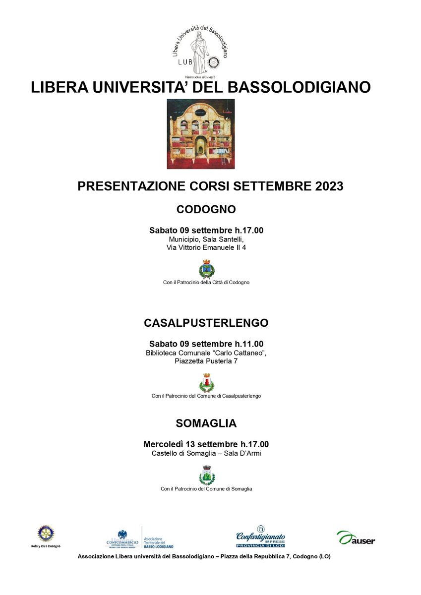 Presentazione Corsi Settembre 2023 - Libera Università del Bassolodigiano (LUB)
#codogno #corsi #liberauniversitadelbassolodigiano #lub

Sabato 09 Settembre 2023 alle ore 17:00 presso Sala Santelli del Palazzo Municipale, Via Vittorio Emanuele II 4

Info: comune.codogno.lo.it/vivere-il-comu…