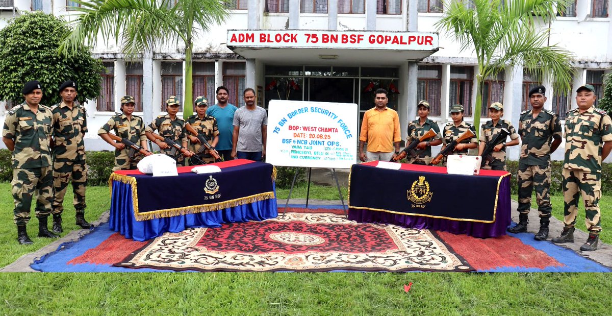 In a joint Ops #JointOps between BSF Guwahati and Narcotics Control Bureau seized arms, ammunition, Yaba tablets and cough syrup worth Rs 43 Lakhs in Coochbehar district of West Bengal. Congratulations to the team. 
#AlertBSF #BSFAgainstDrugs #Nagpanchami #Gadar2HuiJantaKi