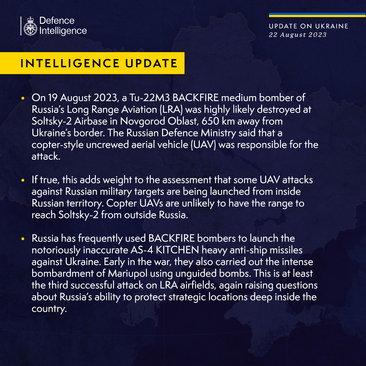 Latest Defence Intelligence update on the situation in Ukraine – 22 August 2023 Find out more about Defence Intelligence's use of language: ow.ly/snng50PBL4u 🇺🇦 #StandWithUkraine 🇺🇦