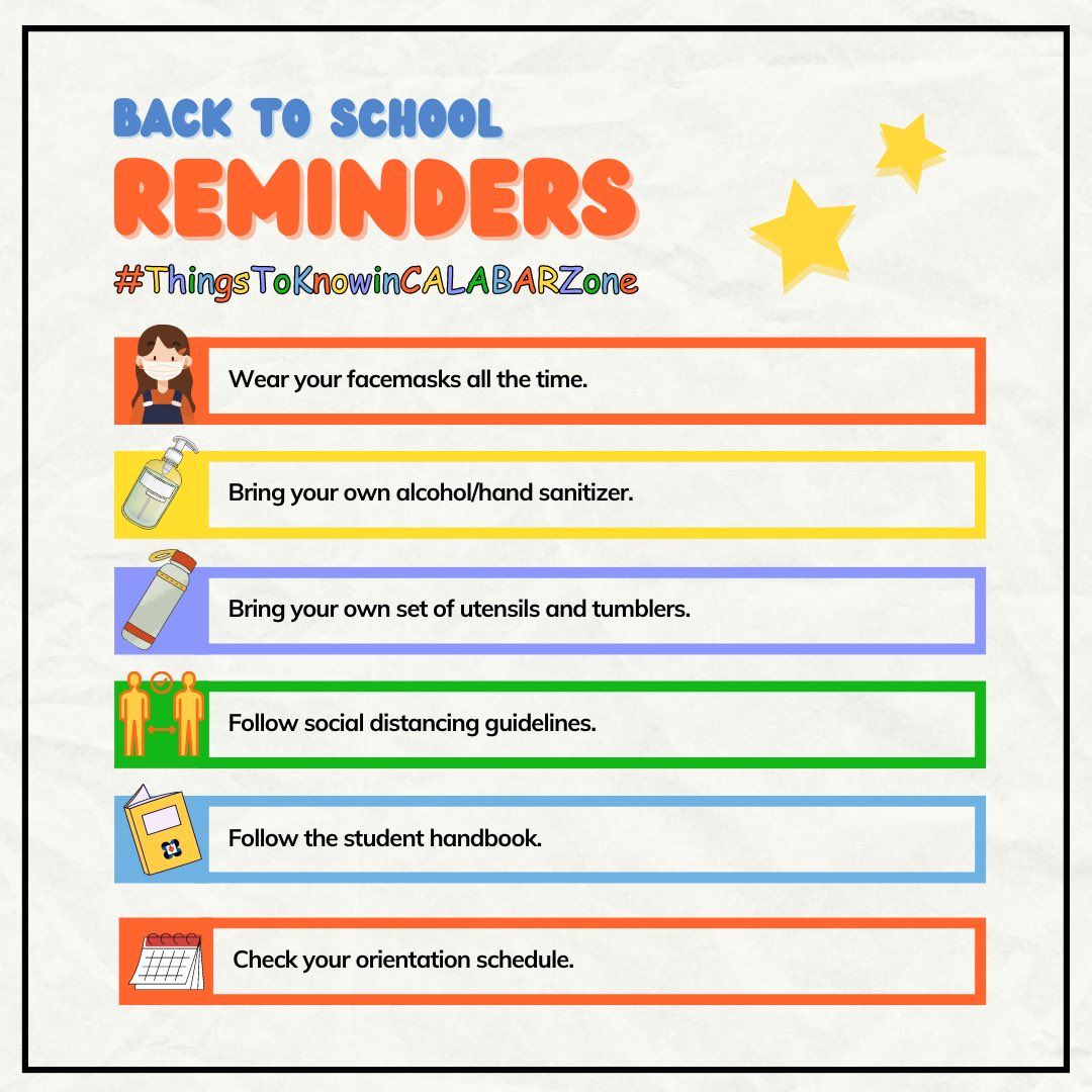 SApshscbzrc's tweet photo. Hey scholars! ๐
Are you ready to start this new school year? Here are some ๐ณ๐ถ๐ป๐ฎ๐น ๐ฟ๐ฒ๐บ๐ถ๐ป๐ฑ๐ฒ๐ฟ๐ to make sure your first few days go smoothly!
โ๏ธ
#ThingsToKnowInCALABARZone
#TipsForPisayFreshies https://t.co/j50s2HOJz9