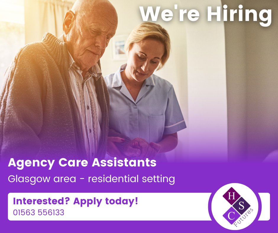 #HSC #Futures is #Recruiting Agency #CareAssistants to deliver care in a residential setting, in the Glasgow area 💜

Interested? Give us a call today!

☎️ 01563 556133

#CareAboutCare #MoreToCare #LifeChangingWork #CareGiver #CareHome #CareToCare #Jobs #JoinUs #Hiring