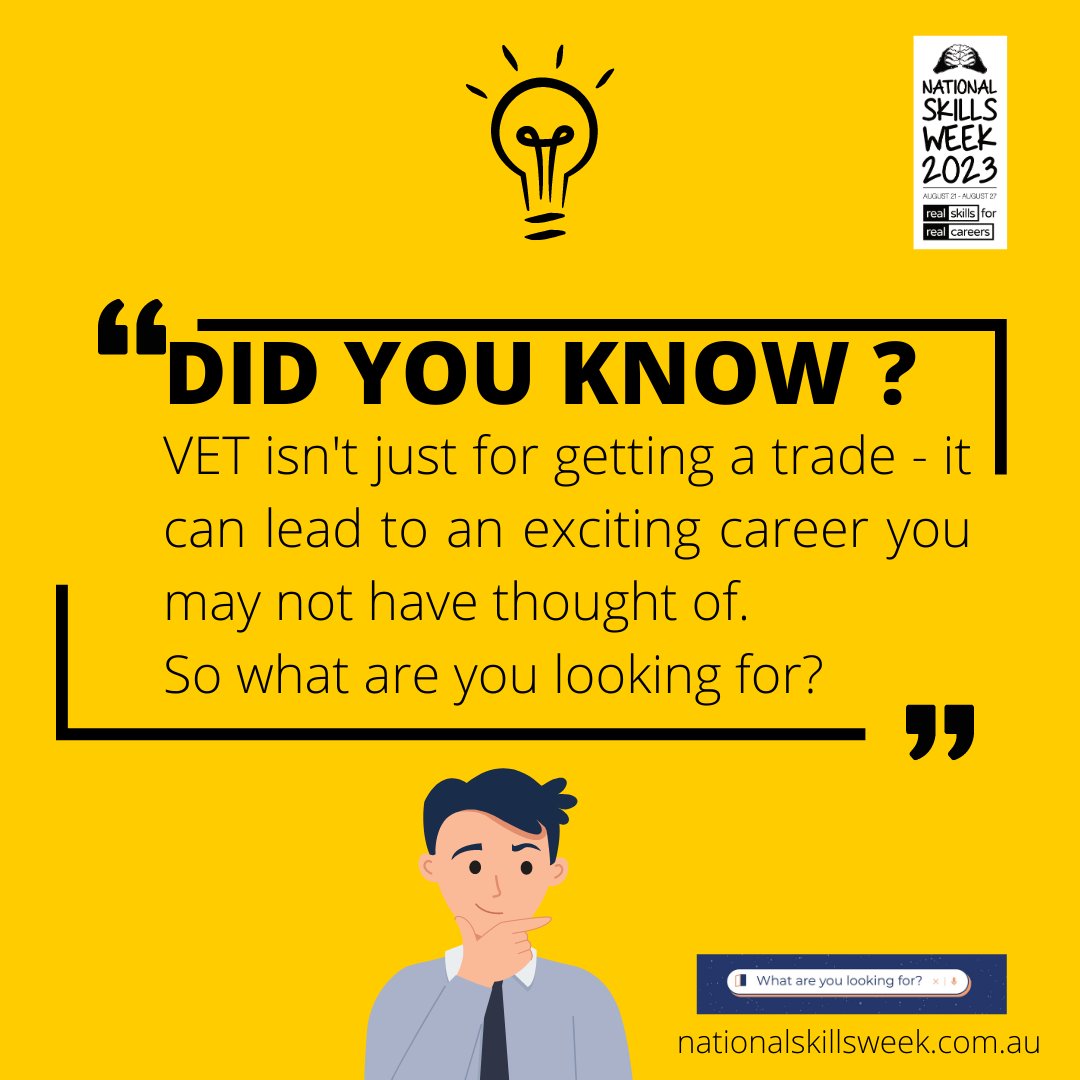 #NationalSkillsWeek is a great time to consider how #VocationalEducation can help you find what you’re looking for.

For more information, visit nationalskillsweek.com.au.

#SkillingAustralia #LifelongLearning #VETpathways #careers #training