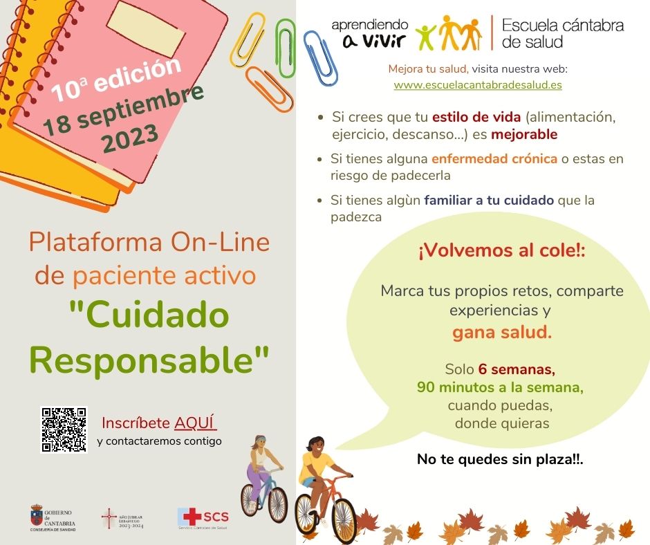 ¡Prepara la vuelta al cole! Inscríbete en la X edición del Programa Paciente Activo ‘Cuidado Responsable’. Enseñamos a cuidar la alimentación, el descanso y a hacer ejercicio de forma adecuada ¡Gana salud! 
*Inscripción: rb.gy/ve59d
#PacienteActivo #CuidadoResponsable