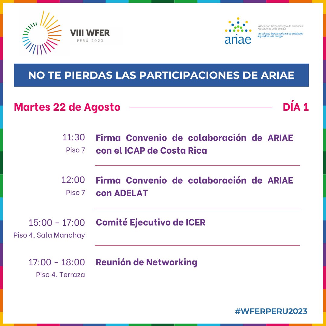 ARIAEorg's tweet photo. 📍💼 Comienza hoy el VIII Foro Mundial de Regulación de la Energía.
📅 Recordamos además que hoy se llevará a cabo la 𝗔𝘀𝗮𝗺𝗯𝗹𝗲𝗮 𝗚𝗲𝗻𝗲𝗿𝗮𝗹 𝗱𝗲 𝗔𝗿𝗶𝗮𝗲.
Te esperamos en Lima, Perú. ¡Acompáñanos sin dudarlo!
➕ℹ https://t.co/qT2zZwxGVP
#WFER #wferperu2023 https://t.co/8LIAT5iLAM