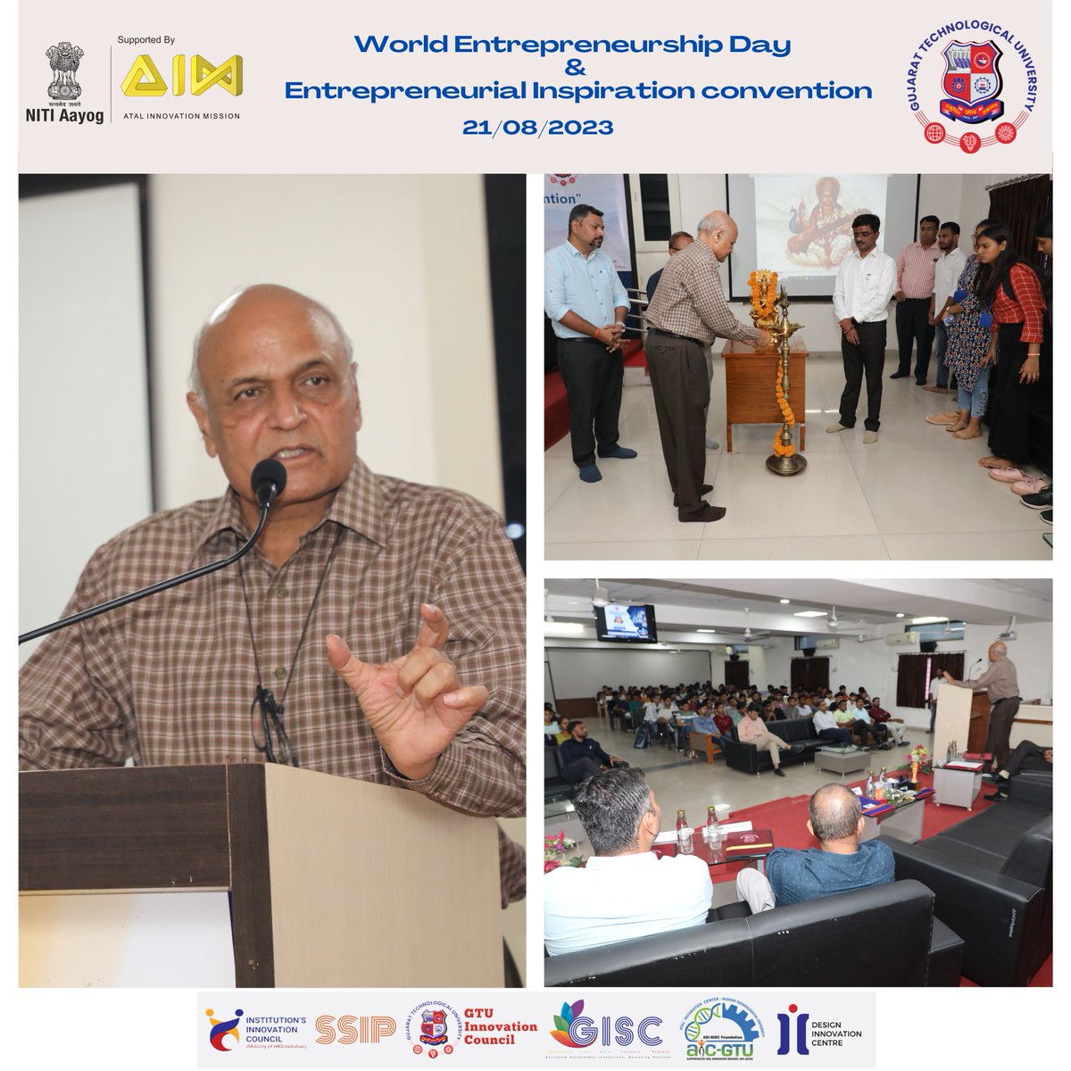 Aicgisc's tweet photo. Glimpses of "World Entrepreneurship Day and Entrepreneurial Inspiration convention" organized on 21/08/2023 at @GTUoffice 
In collaboration with MySBA SWAVLAMBI BHARAT ABHIYAN and GIC GTU. @AIMtoInnovate @minmsme @startupindia @g20org 
@knkher2009 @themahendrab https://t.co/keqnO4CsKf