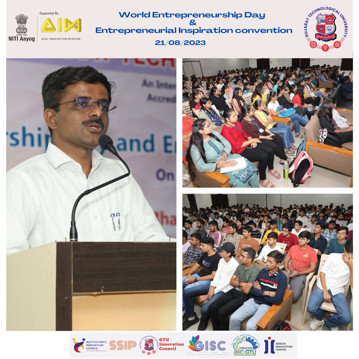 Aicgisc's tweet photo. Glimpses of "World Entrepreneurship Day and Entrepreneurial Inspiration convention" organized on 21/08/2023 at @GTUoffice 
In collaboration with MySBA SWAVLAMBI BHARAT ABHIYAN and GIC GTU. @AIMtoInnovate @minmsme @startupindia @g20org 
@knkher2009 @themahendrab https://t.co/keqnO4CsKf
