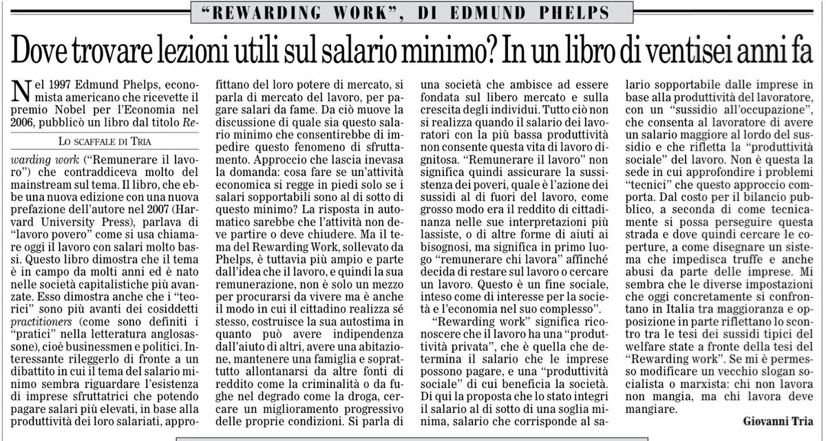 NovelliGnovelli's tweet photo. “Chi non lavora non mangia, ma chi lavora deve mangiare”..Giovanni Tria oggi sul @ilfoglio_it  cita Phelps (nella foto alla Columbia) per “Rewarding Work” https://t.co/mNeVqJkN1l