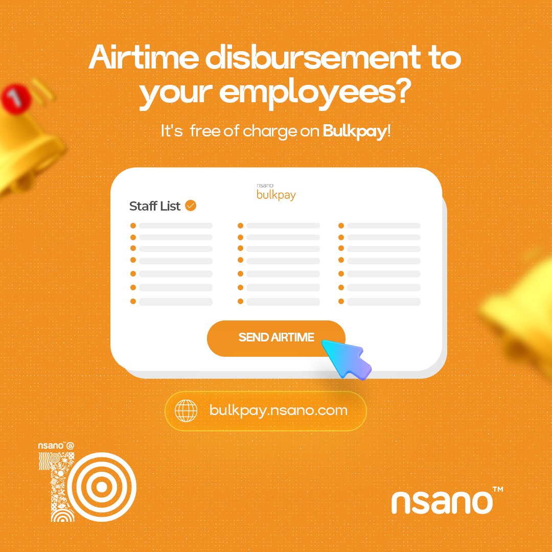 nsanoafrica's tweet photo. Month-end airtime disbursements? Do it for free on Bulkpay, our self-service bulk disbursement platform. Visit https://t.co/4nCPJ24K19 to sign up.
#Bulkpay #FundsDisbursement #AirtimeDisbursement #BulkPayments #MassPayouts #EmpoweringBusinesses https://t.co/n9zD43FnXZ