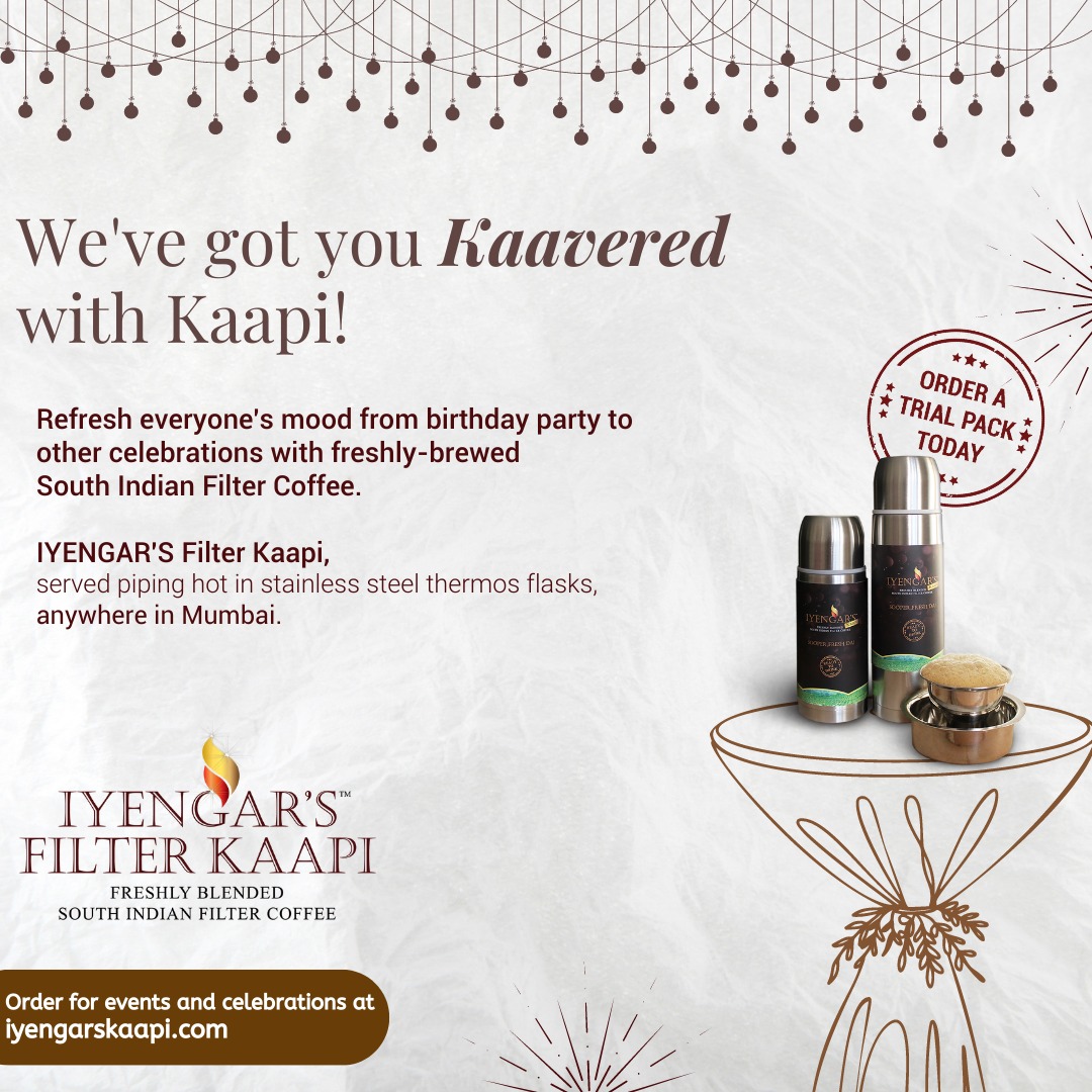 iyengarskaapi's tweet image. Perk up your celebrations with the aromatic magic of Kaapi! 📷📷
Available across Mumbai!
.
For more info- iyengarskaapi.com
.
.
.
#iyengarskaapi #filterkaapi #southindianfilterkaapi #mumbai #loveforcoffee #partytime #coffeelovers #ordernow #hotcoffee #hotkaapi #farewell