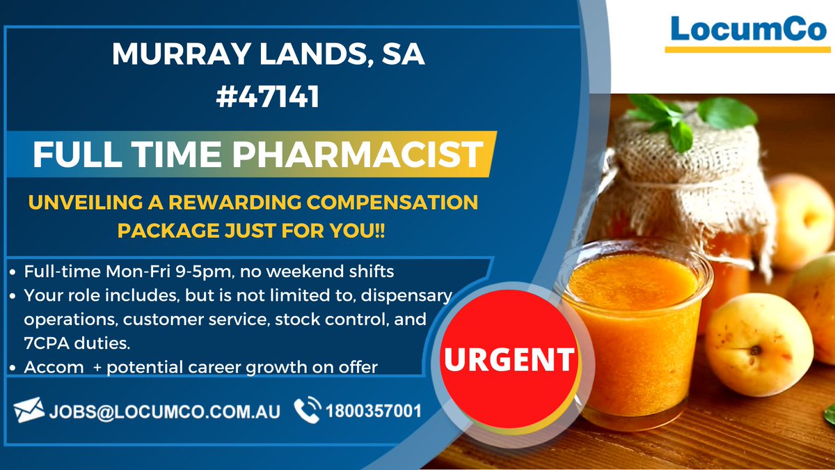 🏗️🌟 BUILDING A BRIGHTER FUTURE TOGETHER. We're currently looking for a full-time Pharmacist to become part of our team in the region of Murray Lands SA. #47141

For full job details and to apply click on link or call 1800 357 001: ow.ly/HuNm50PBLta
