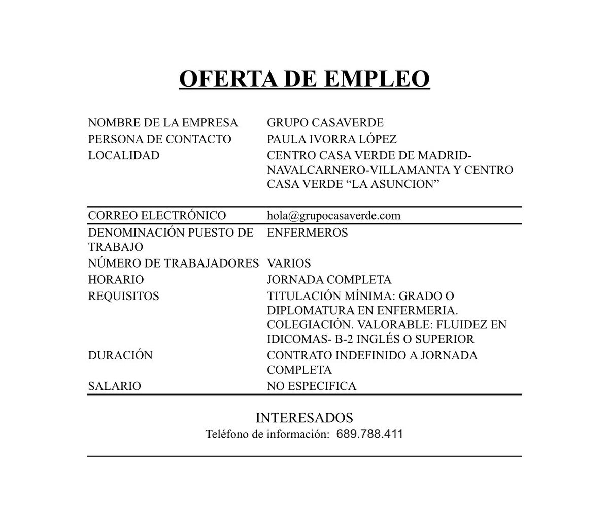 Oferta de empleo 
 #villamanta #madrid #empleo #trabajo #oferta