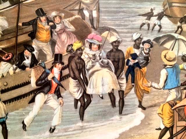 Interesting painting on #MadrasDay. 
Madras Landing. By J.B. East, 1856.

In those days the ships anchored a distance from the shore. The women were tied to chairs & brought to the shore.
The boatmen charged a 'lot' for this service.
Indians can make money in any situation.