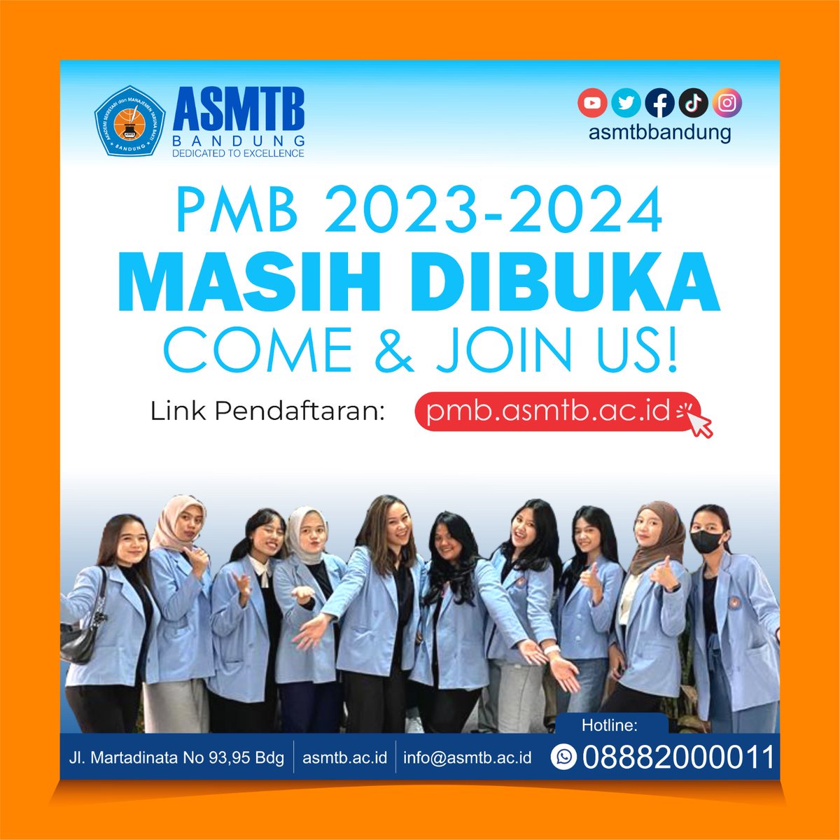 Masih bingung cari Tempat kuliah yang setelah lulus cepet dapat kerja?

Yuks segera bergabung disini, masih ada kesempatan selama Bulan Agustus😊

Untuk informasi lebih lanjut, langsung aja cek bio ig kita ya atau di link :
Pmb.asmtb.ac.id