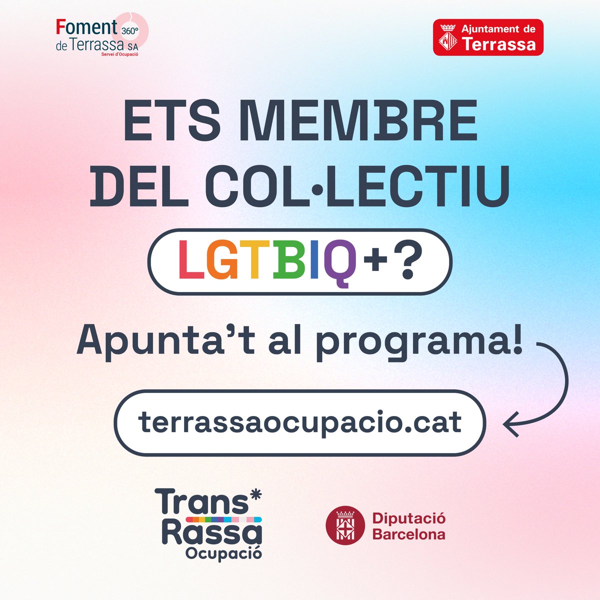 TrsOcupacio's tweet photo. Ets membre del col·lectiu #LGTBI i busques feina? 🏳️‍🌈🏳️‍⚧️

➕ Uneix-te o comparteix amb qui creguis que li pugui interessar!

https://t.co/ys9ibDCzFC

#PrideTerrassa #Pride #TransRassa #Trans #ocupaciotrans #transrights #empleatrans #CelebremLaDiversitat #FomentdeTerrassa https://t.co/nbBDoPec9X