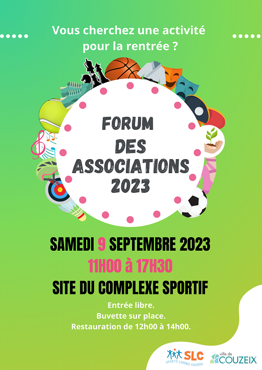 [#Associations #Vielocale #Evènement] 🎉 Le forum des associations fait son grand retour le samedi 9 septembre 2023, de 11h à 17h30, sur le site du complexe sportif.

ℹ Buvette sur place toute la journée. Restauration de 12h à 14h. Entrée libre.