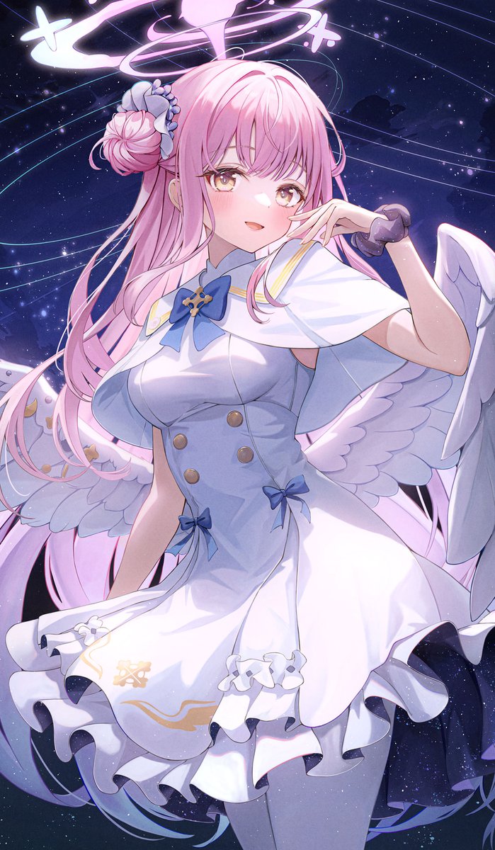 mika (blue archive) 1girl solo pink hair wings halo scrunchie hair bun  illustration images