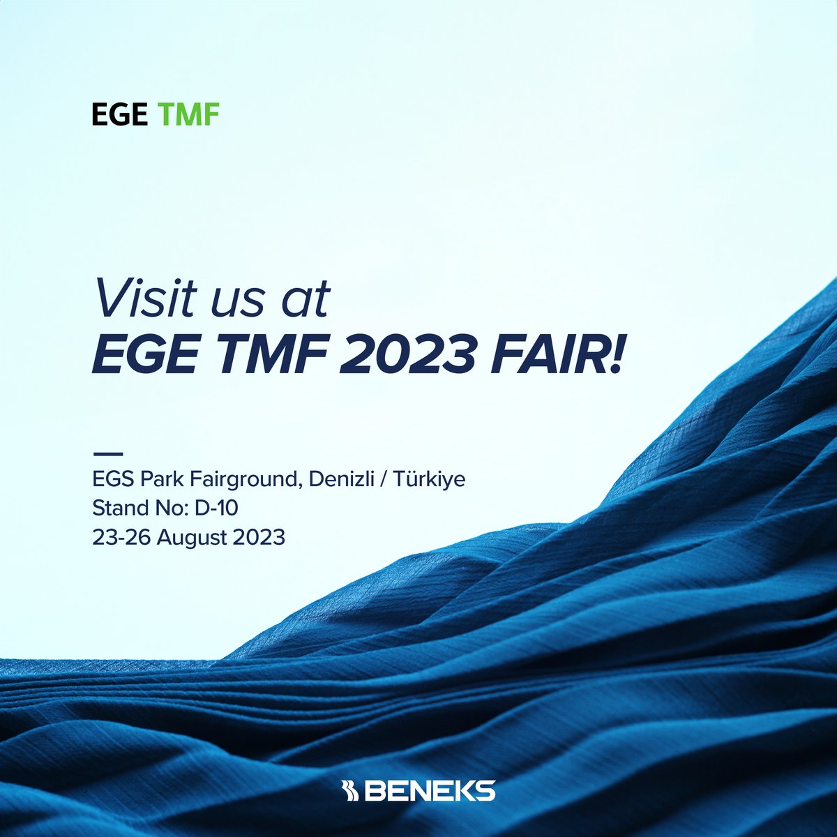BeneksM's tweet photo. We are proud to share that we, as Beneks Makine, will participate in the Aegean Textile and Ready-to-Wear Machines, Textile Chemicals and Textile Printing Technologies Fair, which will take place between 23-26 August. https://t.co/ATc6HRKKYn