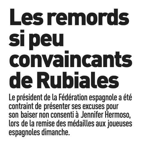 TalkMyFootball's tweet image. Très heureux de voir L'EQUIPE souligner le fait que les excuses de Rubiales ne sont pas convaincantes. Et son « On voyait ça comme quelque chose de naturel » balancé a posteriori face à la polémique souligne l'ampleur du problème : c'est banalisé, ancré dans la vision du mec (et…