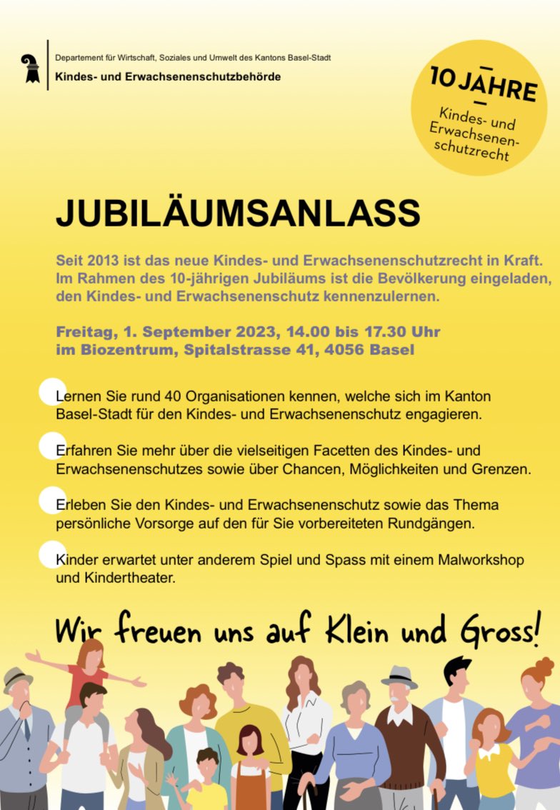 fassbius's tweet photo. Vor 10 Jahren ist das neue Kindes- und Erwachsenenschutzrecht in Kraft getreten. Im Rahmen dieses Jubiläums findet am 1. September 2023 im Basler Biozentrum von 14:00 bis 17:30 Uhr ein Jubiläumsanlass statt. https://t.co/qs9nQrDoPJ
