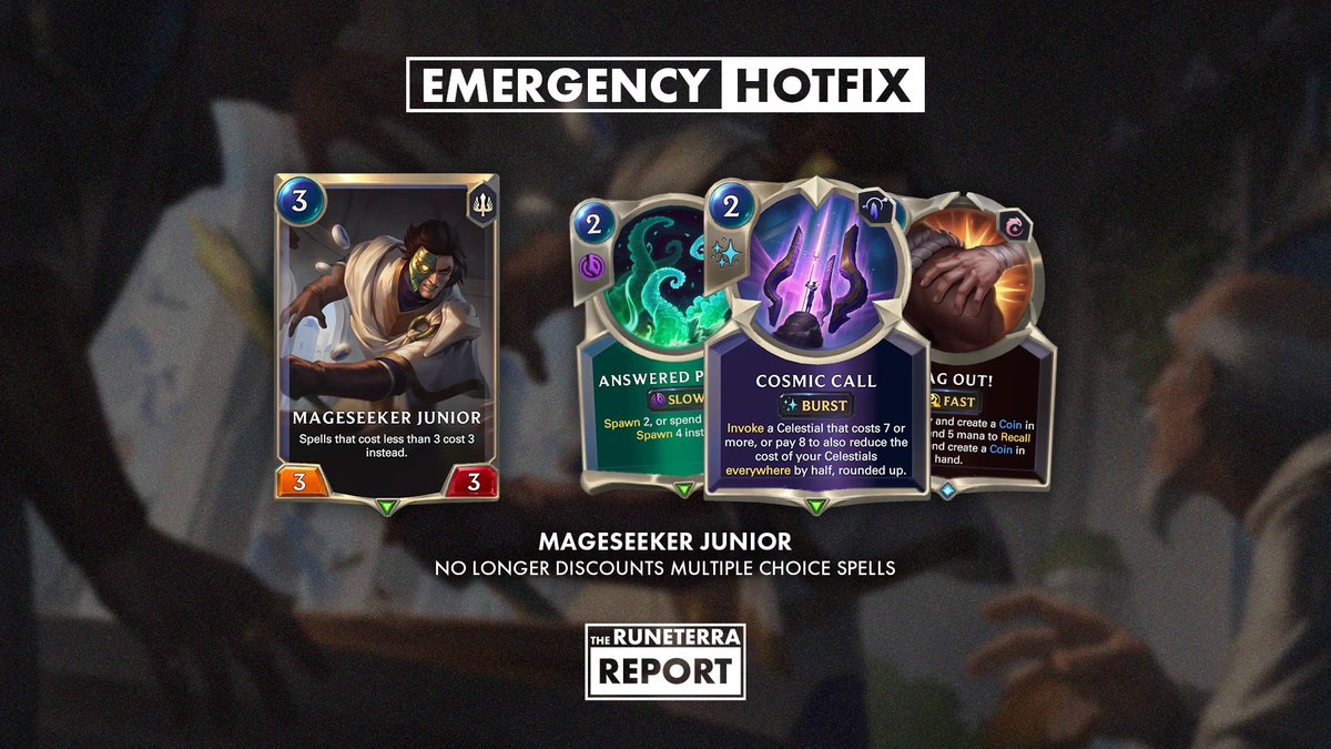 🛠️ The Mageseeker Junior hotfix has now been pushed to all clients and will no longer discount the multiple choice spells to 3 mana.

Cards affected by the hotfix are: Answered Prayers, Cosmic Call &amp; Tag Out.
