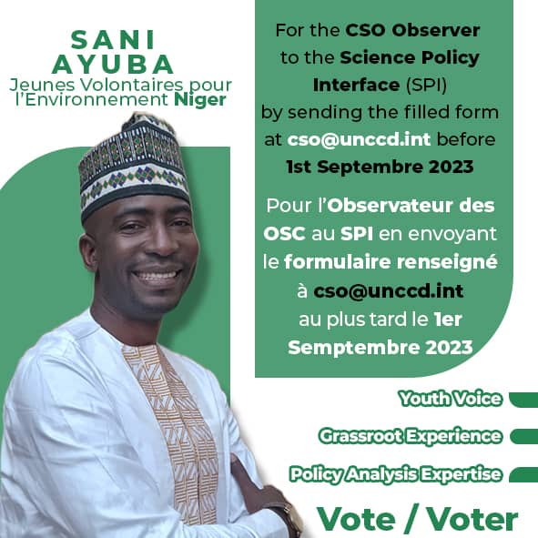 saniayoub's tweet photo. I m running for the SPI alternate CSO representative and count on your vote as i m already been preselected. 
---‐------
Chers tous veillez voter pour Sani Ayuba comme observateur des OSC du SPI. 
#UNCCD @UNCCD @UNCCDcso @UNCCDYouth @UNCCDcbm #NIGER #SPI https://t.co/8t3BOmpGYs