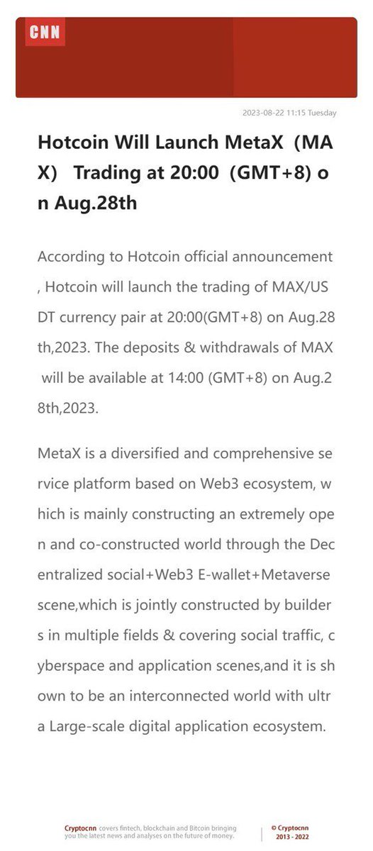 metax_one's tweet photo. 【MAX officially listed on the Hotcoin Exchange creating the WEB3 Ecological First Value Token】
MAX will be launched globally on August 22023 at20:00and officially listed on the Hotcoin exchangewith。🎉🎉🎉🚀🚀🚀 https://t.co/PFtNMaamyN