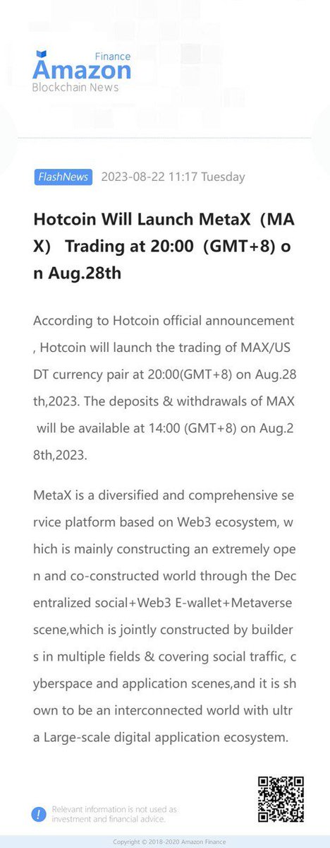 metax_one's tweet photo. 【MAX officially listed on the Hotcoin Exchange creating the WEB3 Ecological First Value Token】
MAX will be launched globally on August 22023 at20:00and officially listed on the Hotcoin exchangewith。🎉🎉🎉🚀🚀🚀 https://t.co/PFtNMaamyN
